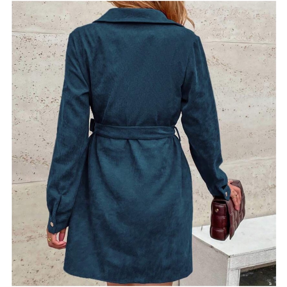 Corduroy Button Down Belted Long Sleeve Shirt Dress - Picture 4 of 11